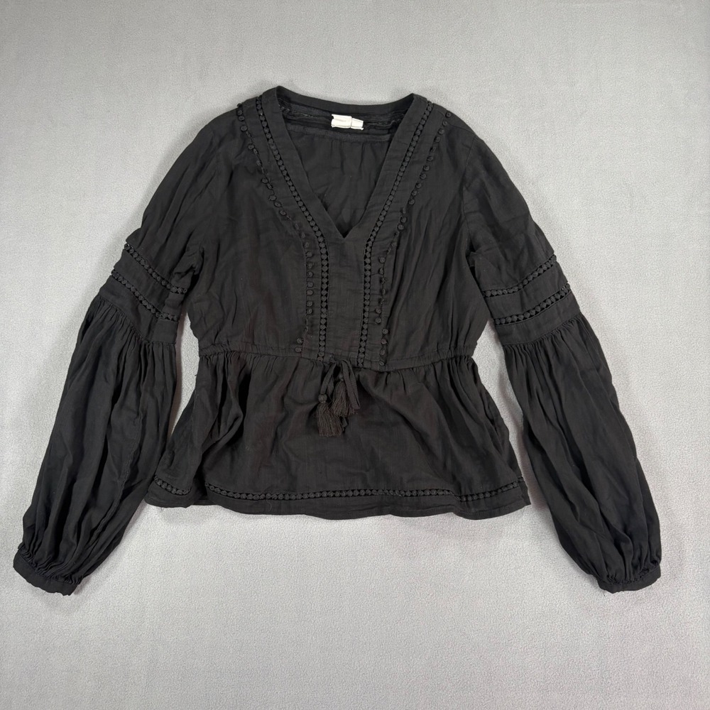 Gap Peplum Blouse Womens Small Black Excellent Boho Balloon Sleeve Pom Pom Trim